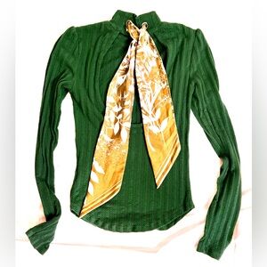 Free People Size XS Green Ribbed Knit Long Sleeve Top Open Back Scarf Yellow